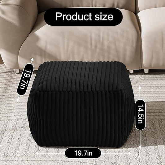 MeMoreCool Square Stuffed Pouf Ottoman Foot Rest, Stripe Furry Floor Pouf Foot Stool with Foam Chunk Filling, Soft Fluffy Stuffed Ottoman Footrest for Living Room, Faux Fur Black