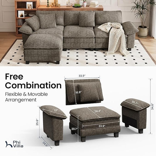 PHI VILLA Cloud Modular Couch Sets, 123.6" Sectional Sofa with L-Shaped Chaise, 4-Seater Upholstered Couches with Movable Ottoman for Living Room, Chenille Fabric, Smoky Grey