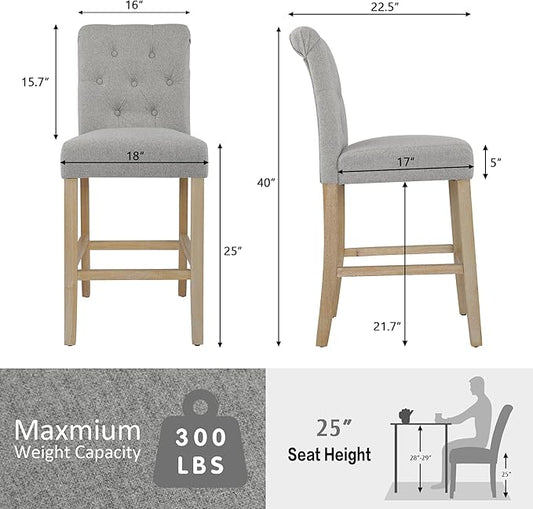 GOTMINSI 24" Bar Stools Set of 4 for Kitchen Island Upholstered Counter Height Bar Stools with Button Tufted Decoration Barstools Home Kitchen Island Wooden Bar Chairs Grey