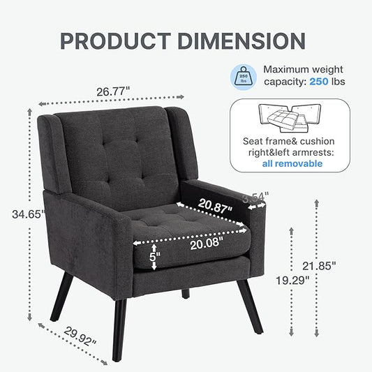 Mid-Century Modern Accent Chair Set of 2, Plush Linen Fabric with Button Tufted High Back & 5" Thick Cushion, High Comfort Reading Chair for Living Room, Bedroom, Office (Dark Gray)