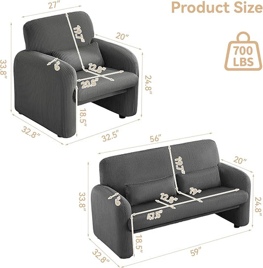 Corduroy Accent Living Room Sets, Modern Upholstered Love Seat with 2 Accent Chairs, Wide Comfy Leisure Chair Sets for Bedroom, Office, Grey