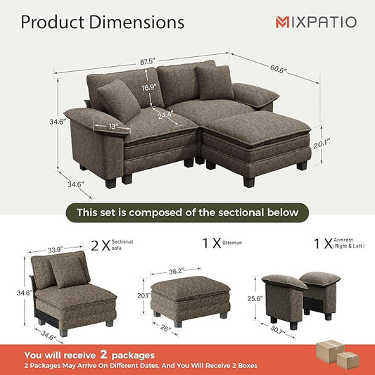 87-Inch L Shaped Sectional Sofa with Cloud Cushions, Deep Seat Modular Couch Set w/ 3 Seats & 1 Ottomans, Removable Arms, Plush Chenille Upholstery for Living Room, Apartment - Smoky Gray