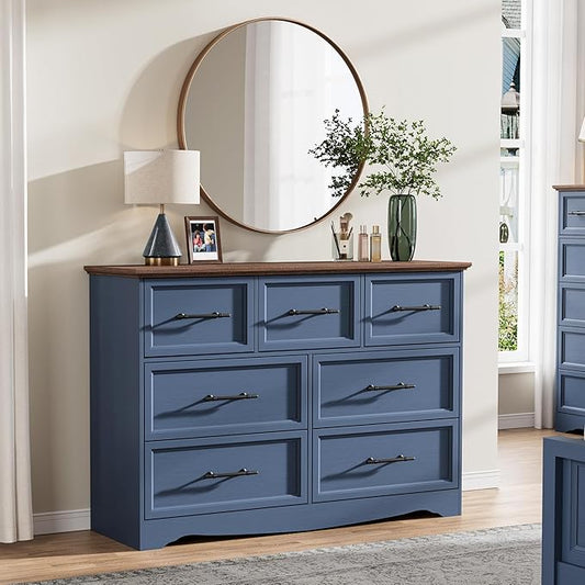 Blue Farmhouse Dresser for Bedroom, Modern 7 Chest of Drawers, 47" Wide Chest of Drawers w/Brushed Metal Handle, Wood Dresser TV Stand and Storage Cabinet for Bedroom, Living Room, Hallway