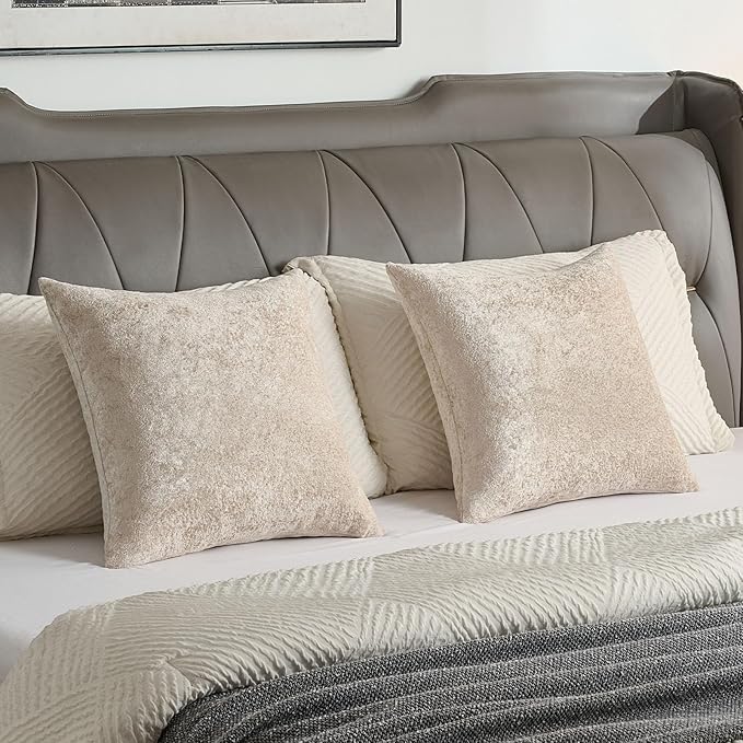 FUTEI Beige Flannel Throw Pillow Covers 20x20 Inch Set of 2,Soft Dimensional Textured Cushion Cases,Modern Home Decor for Couch Living Room