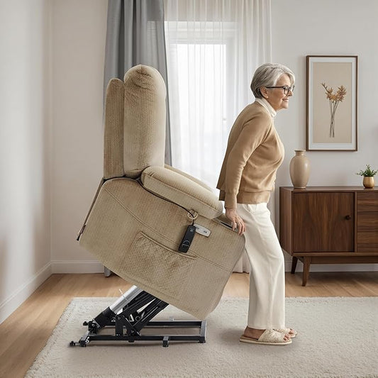 MCombo Oversized Power Lift Recliner Chair Sofa with Massage and Heat for Elderly People Petite, USB Ports, Side Pockets, Fabric R7561 (Beige, Small-Oversize)