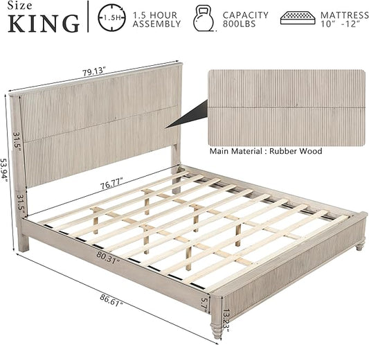 King Size Solid Wood Platform Bed Frame, Solid Wood Bed with 79.13" Headboard, Solid Wood Leg/No Box Spring Needed/Noise Free/Beige