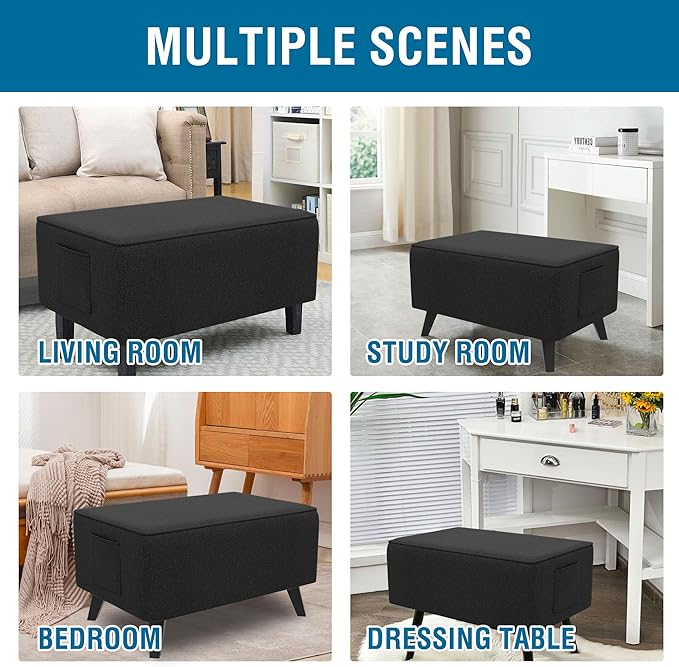 H.VERSAILTEX Ottoman Cover Rectangle Fit Length 43"-44" Footrest Linen Look Ottoman Slipcovers Thick Ottoman Covers Slipcover Rectangle Slipcovers for Ottomans Sturdy Foot Stool Cover - Heather Black