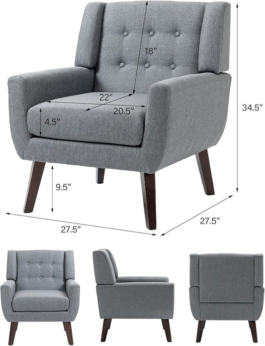 Accent Chair, Mid-Century Modern Fabric Chairs with Arms for Living Room, Comfy Upholstered Club Single Sofa Armchair for Bedroom Waiting Room with Solid Wood Frame (Fabric Grey, Set of 1)