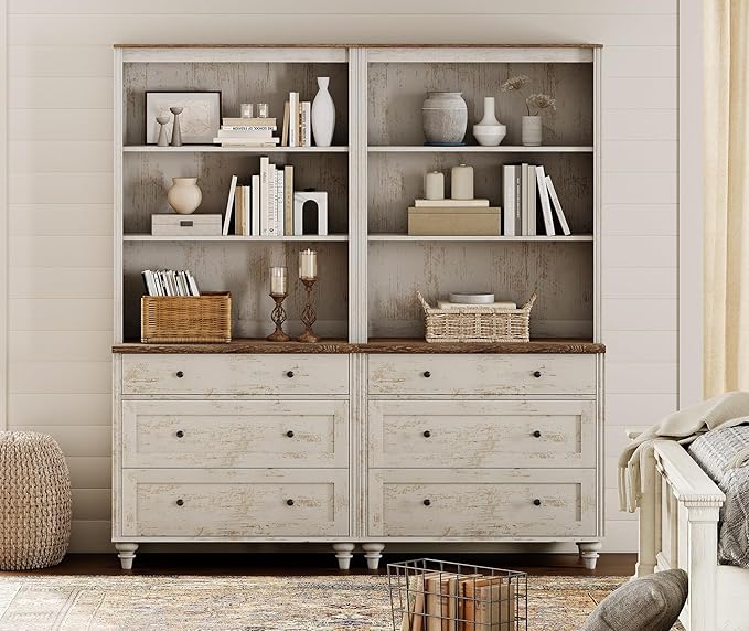 WAMPAT 3 Tier Bookshelf with 3 Drawers, 72" Tall Bookcase Large Farmhouse Display Book Case Shelf with 3-Tier Open Book Shelfs,Library Wood Bookshelves for Living Room,Kitchen, Rustic White (2PCS)