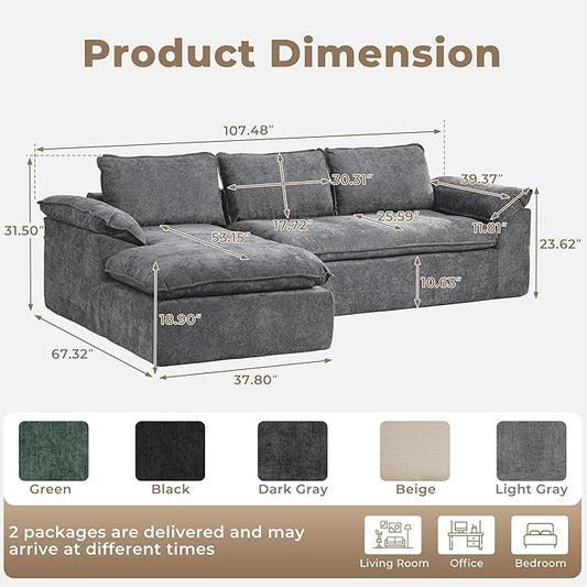Modular Sectional Sofa, 107.5" L-Shaped Boneless Couch with Deep Seat, Modern Minimalist Upholstered Cloud Sectional Couch for Living Room Bedroom, No Assembly Required, Dark Gray Chenille