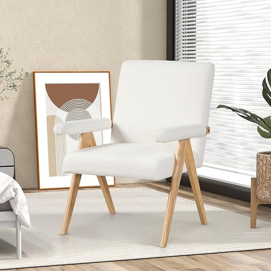 Giantex Mid-Century Modern Accent Chair, Sherpa Fabric Reading Chair with Padded Armrests, Solid Rubber Wood Frame, Upholstered Side Arm Chair for Living Room, Bedroom, Office, Beige