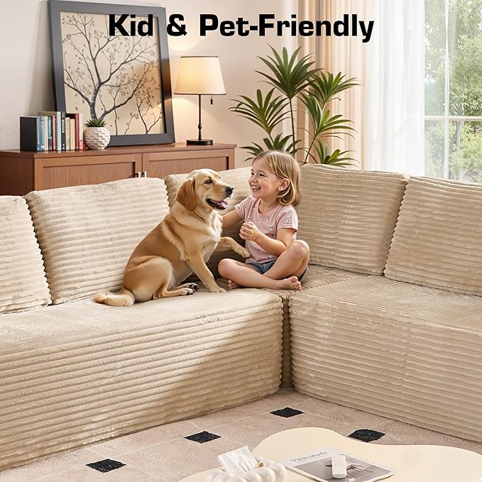 Weaxty Cloud Sectional Couch for Living Room, Oversized U Shaped Boneless Couches, Plush Corduroy Memory Foam Deep Seat Floor Sofa, No Assembly Required,Beige