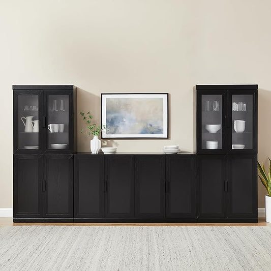 Crosley Furniture Essen 3-Piece Modern Glass Door Sideboard Buffet Cabinet and Kitchen Storage Pantry Set, Black