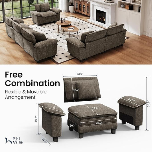 PHI VILLA Cloud Modular Couches Sets, 3 Pieces Large Sectional Sofa Set with Loveseats & Single Sofa, 6-Seater Upholstered Couch for Living Room, Chenille Fabric, Smoky Grey