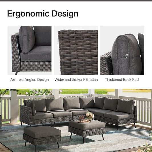 LAUSAINT HOME 8 Piece Outdoor Sectional Sofa PE Rattan Patio Conversation Sets, All Weather Patio Furniture Set with Thick Cushions for Garden, Poolside, Backyard (Grey)