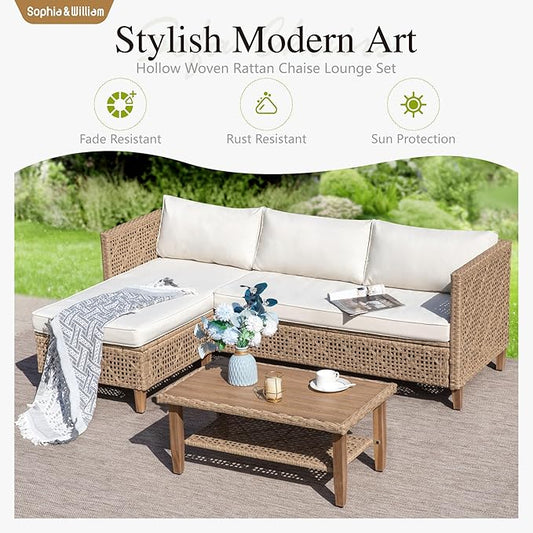 Sophia and William Boho Wicker Patio Furniture Set, Outdoor Rattan Sectional Sets Conversation Set - Weather-Resistant, with Dual Storage Coffee Table Acacia Wood Legs for Garden, Patio & Deck(Beige)