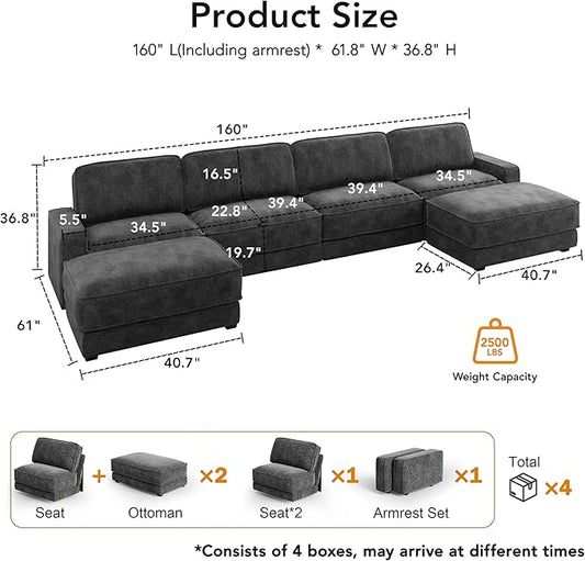Sunny Heart 160" U-Shaped Modular Sectional Sofa, Oversized Cloud Couch with Movable Ottoman, 6-Seat Chenille Deep Seat Sofa with Pillow, Sectional Couches for Living Room, Apartment, Dark Grey