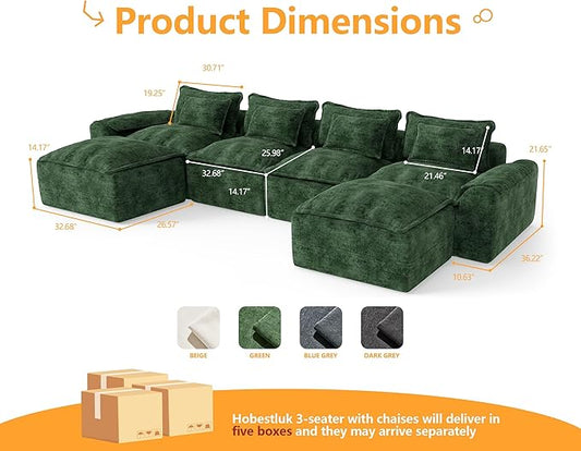 Hobestluk 152" Cloud Modular Sectional Couch 4-Seater Sofa with Ottomans U Shaped Couch Deep Seat Sofa with Removable Cover for Living Room (Green, 4-Seater Sofa with Two Ottomans)