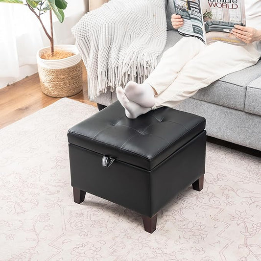 Asense 17 Inch Storage Ottoman Foot Rest,Square Faux Leather Foot Stool,Small Ottoman with Storage,Padded Seat for Entryway,Living Room,Bedroom,Couch,Under Desk,Black