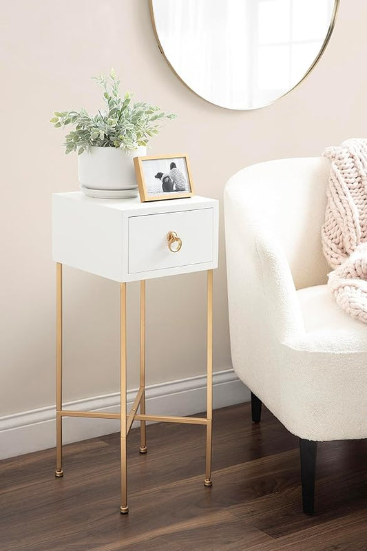 Kate and Laurel Decklyn Decorative Glam Tea Table; 12 x 12 x 30; White and Gold; Modern Living Room Drink Table with Pull Drawer for Useful Storage