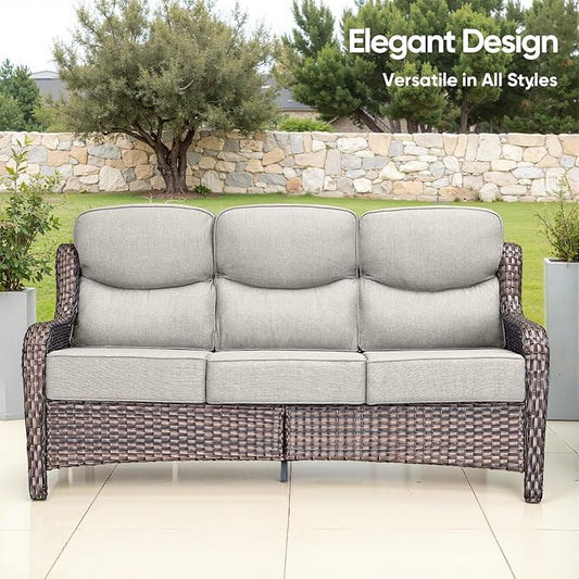 Swivel Patio Chairs Sofa Set of 8 with 6" Thick Cushion - Wicker Outdoor Swivel Rocker Patio Chair,Sofa/Glass Coffee Table, High Back Comfortable Outdoor Glider Chairs - Brown Wicker | Beige Cushions