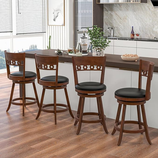 COSTWAY Bar Stools Set of 4, 24.5” Counter Height Bar stools with Solid Wood Legs, Cushioned Seat, Footrest, for Home, Kitchen Island, Bar (4, 24.5'' Seat Height)