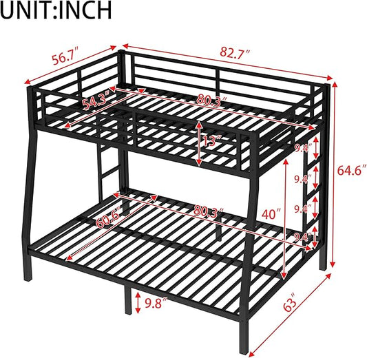Bellemave Full XL Over Queen Bunk Bed for Adults, Full XL Over Queen Bunk Bed Frame with 2 Ladder and Full Length Guardrail, Easy Assemble, Mattress Not Included, Black