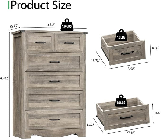 Dresser for Bedroom with 6 Drawers, 49" Tall Wood Chest of Drawers with Deep Drawers & Mental Handle, Modern Dresser TV Stand, Wooden Closet Storage Organizer for Living Room, Hallway, Entryway, Grey