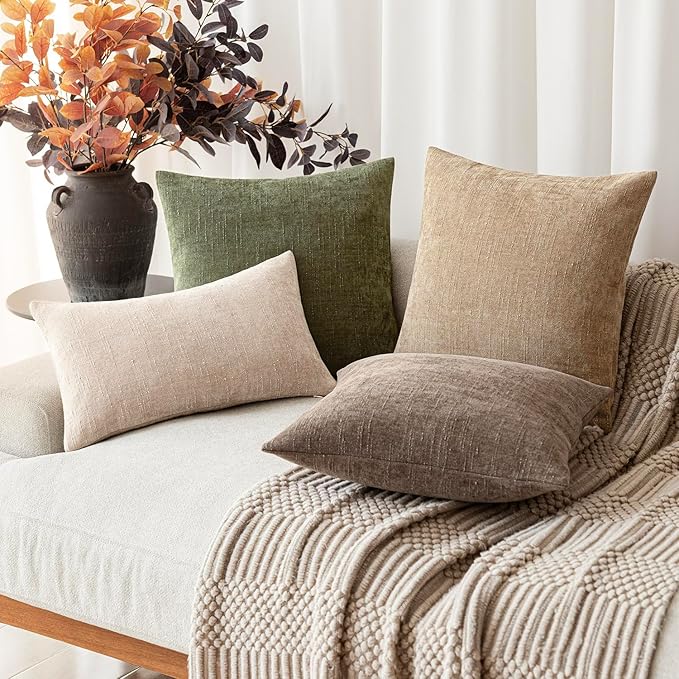 Foindtower Pack of 2 Textured Chenille Throw Decorative Pillow Covers Square Accent Solid Cushion Cover Neutral Farmhouse Lumbar Pillow Case for Couch Sofa Bedroom Living Room 12x24 Inch,Dark Green
