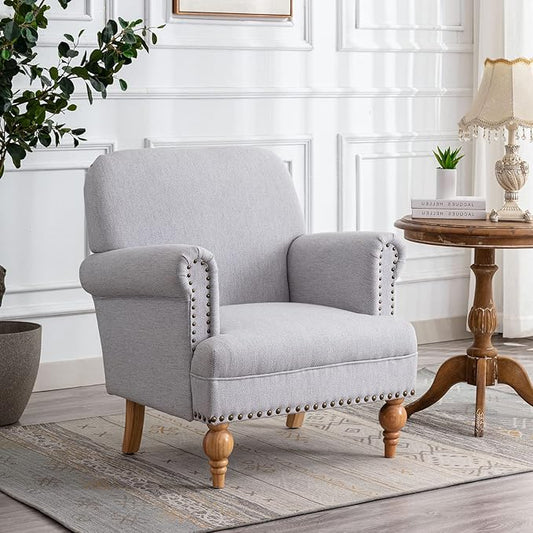 Linen Accent Chairs Set of 2 Mid-Century Modern Living Room Armchair with Nailhead Trim & Wood Legs Comfy Upholstered Single Sofa Chair for Lounge/Bedroom/Reception, Grey