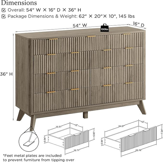 T4TREAM Fluted 9 Drawer Dresser, Modern Chest of Drawers, Curved Profile Design, Dresser TV Stand, Wood Drawer Organizer for Bedroom, Living Room, Hallway, Grey Alder