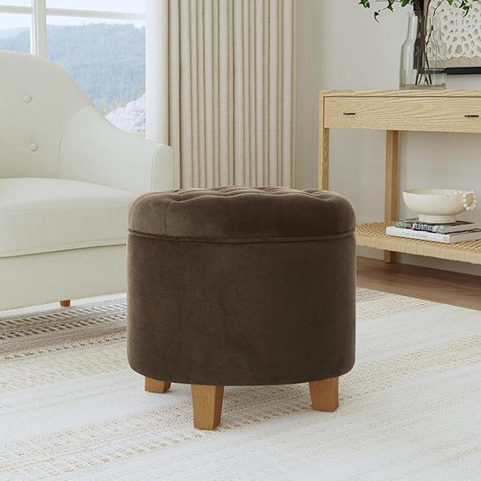 Homepop Home Decor | Upholstered Round Velvet Tufted Foot Rest Ottoman | Ottoman with Storage for Living Room & Bedroom | Decorative Home Furniture, Brown Velvet