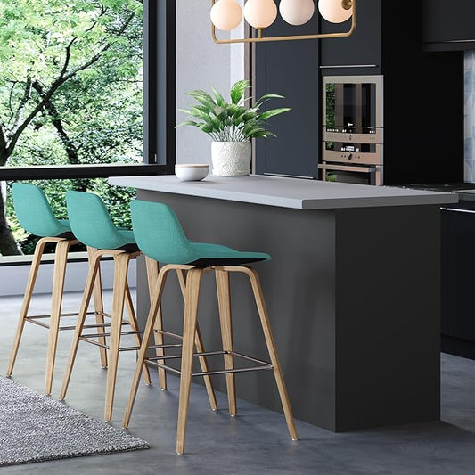 SIMPLIHOME Randolph Counter Stools (Set of 2) - 28 Inch Seat Height Upholstered Bentwood Kitchen Seats in Aqua Blue Polyester Linen Fabric, Mid Century Seating with Curved Backrest and Footrest