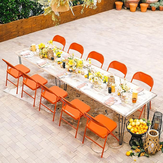 VINGLI Folding Chairs All Steel Metal Frame, Capacity 350 lbs, Durable Portable and Versatile for Indoor Outdoor Use, Orange, Set of 4