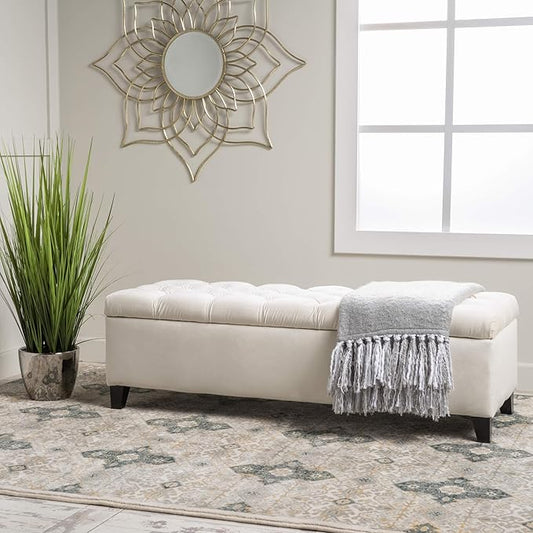 Christopher Knight Home Ottilie Velvet Storage Ottoman, Ivory 17.5”D x 51.0”W x 17.00”H