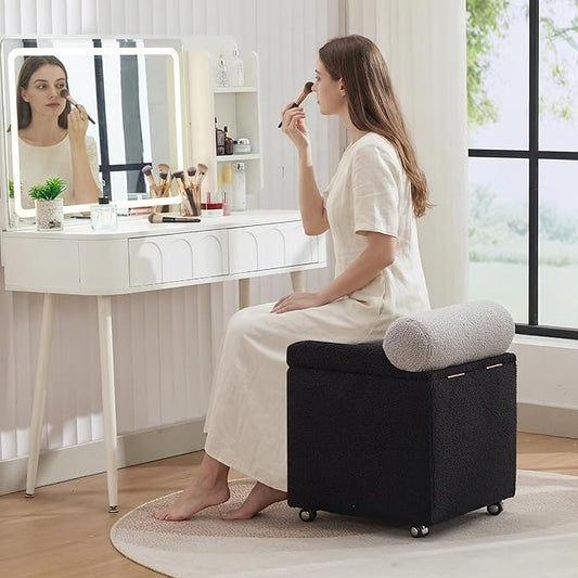 Boucle Vanity Chair with Storage, Swivel Makeup Vanity Chair with Wheels & Safety Hinge, Upholstered Vanity Stool Ottoman for Bedroom, Dressing Room, Black
