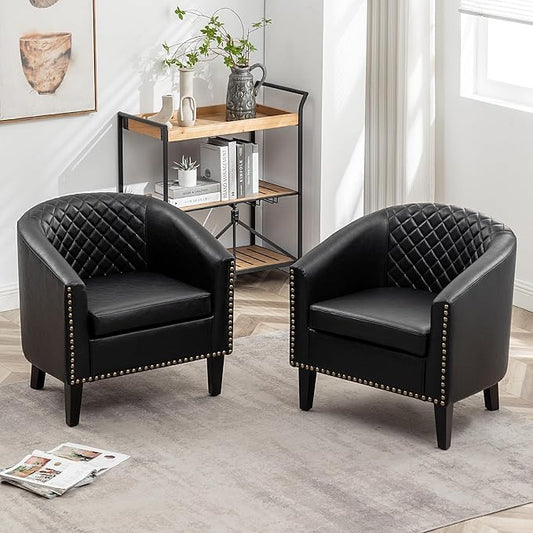 KINWELL 29" W Faux Leather Barrel Chairs Set of 2, Modern PU Upholstered Tufted Club Chairs with Nailhead Trim, Small Armchairs Accent Chairs for Living Room Bedroom Apartment Lounge Nursery, Black