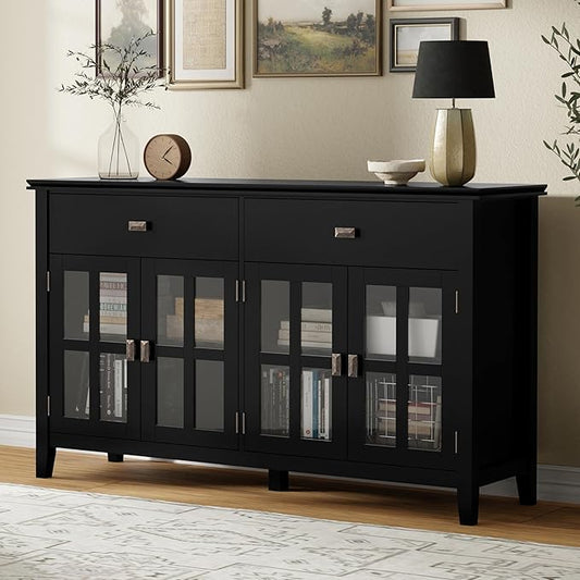 SIMPLIHOME Artisan Buffet - 60 inch Wide Solid Wood 4-Door Sideboard Buffet in Black, Transitional Storage Cabinet for Dining Room or Kitchen with Adjustable Shelves and Square Knobs