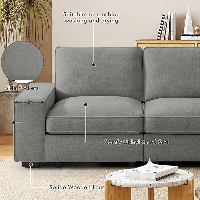 TEKAMON 100" Modular Sectional Sofa with Seats Storage, L Shaped Couch with Movable Ottoman, Chenille Fabric Couch for Living Room, Office, Deep Seat, USB Charging,Removable Cover (Light Grey)
