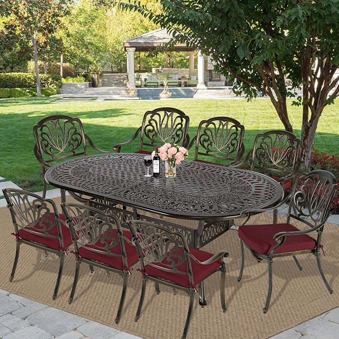 MEETWARM 9-Piece Outdoor Patio Dining Set, 8 Outdoor Dining Cushioned Chairs and 1 Oval Table with 2" Umbrella Hole, All Weather Cast Aluminum Patio Funiture Set for Backyard, Patio, Garden, Chili Red