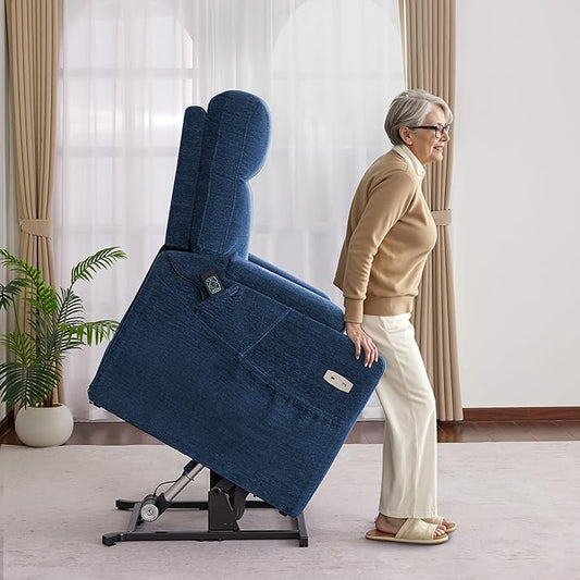 MCombo Lay Flat Dual Motor Power Lift Recliner Chair with Massage & Dual Heating, Arm Storage, Extended Footrest, USB A/C Ports & Cup Holders, Infinite Position for Elderly, Fabric LC002 (Navy)
