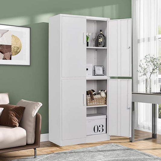 Metal Storage Cabinet with 3 Adjustable Shelves,Garage Storage Cabinet with Lock,White Metal Cabinets with Locking Doors,71" 4 Door Pantry Cabinet,Lockable Cabinets for Home,Office,Garage,Kitchen