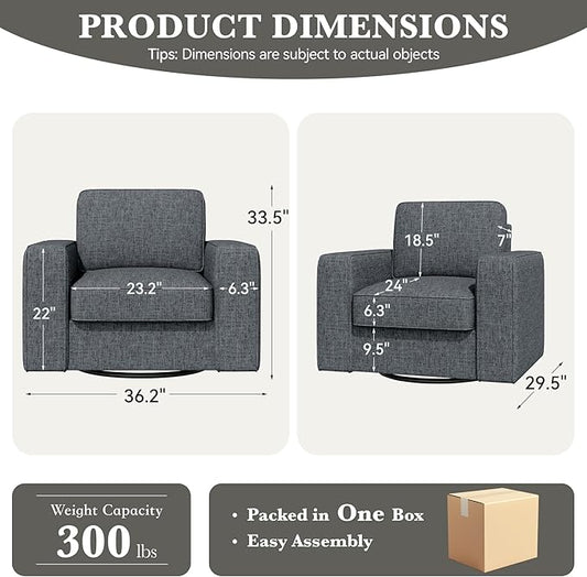 360 Degree Rotation Swivel Accent Sofa Chairs Set of 2, 36'' Width Oversized Armchairs Linen Living Room, Reading-Dark Gray