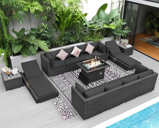 NICESOUL 13 Piece Outside Patio Set with Fire Pit Table, UV Resistant All Weather Grey Wicker Outdoor Furniture with Lounge Chair, Large Modular Outdoor Sofa with Chaise Heavyweight for Deck, Pool