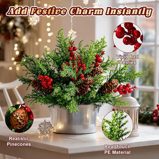 8PCS Artificial Pine Branches with Red Berry Pine Cones Artificial Needles Branches Greenery Stems Fake Greenery Floral Arrangements