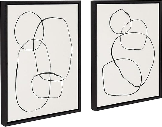Kate and Laurel Sylvie Modern Circles and Going in Circles Framed Linen Textured Canvas Wall Art by Teju Reval, 2 Piece 18x24 Minimalist Abstract Black