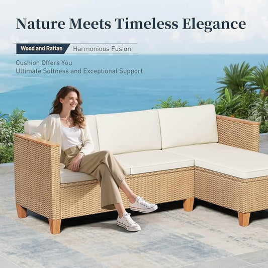 Small Patio Furniture Set, 3 Piece Wicker Outdoor Patio Conversation Set, Outside L-Shaped Sectional Sofa Couch with Chaise Lounge and Coffee Table for Porch Balcony Deck