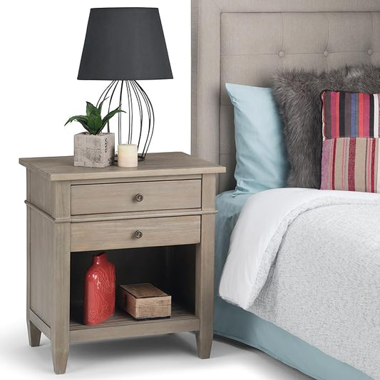 SIMPLIHOME Carlton Bedside Table - 24 inch Wide Solid Wood Nightstand Table in Distressed Grey, Transitional Bedroom Side or End Table with 2 Drawers, Open Storage Shelf and Bronze Hardware