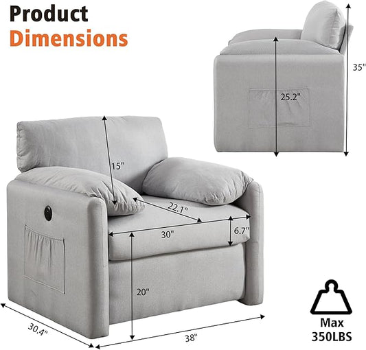 Oversized Accent Chair Mid-Century Modern Armchair for Living Room,USB and Type-C Ports,Comfy Reading Chairs for Bedroom with Side Pockets,Extra-Wide Single Sofa Chair (LightGrey, Set of 1)