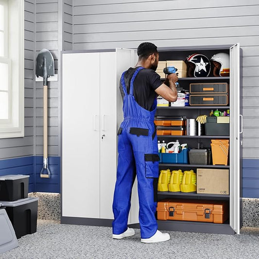 Yizosh Metal Garage Storage Cabinet with 2 Doors and 5 Adjustable Shelves - 71" Steel Lockable File Cabinet,Locking Tool Cabinets for Office,Home,Garage,Gym,School (Gray White)